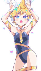 1boy absurdres animal_ears armpits arms_up bakeneko1212 blonde_hair blue_eyes blush commentary cowlick crossdressing hair_between_eyes headset heart highres kagamine_len leotard looking_down male_focus male_playboy_bunny necktie open_mouth playboy_bunny rabbit_ears short_hair simple_background solo sweatdrop teeth thighs upper_teeth_only vocaloid white_background white_wrist_cuffs worried wrist_cuffs yellow_necktie