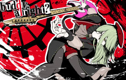 1girl 7-string_guitar ascot bang_dream! bang_dream!_it&#039;s_mygo!!!!! beret black_background black_capelet black_collar black_overskirt black_pantyhose black_sleeve_cuffs capelet collar commentary commentary_request earrings english_commentary english_text feet_out_of_frame fingernails floating floating_object frilled_collar frills gears green_brooch green_hair grey_ascot guitar_strap half-closed_eyes hat highres jewelry leaning_to_the_side legs_apart long_hair long_sleeves looking_at_viewer mixed-language_commentary mortis_(bang_dream!) mortis_(costume)_(bang_dream!) motion_lines open_hand outline outstretched_arms overskirt pantyhose pantyhose_under_shorts parody persona persona_5 profile red_background red_capelet red_hat red_shorts schecter_guitar see-through_clothes see-through_sleeves shitsugaikotsu shorts solo style_parody wakaba_mutsumi white_outline yellow_eyes