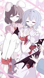 3girls absurdres animal_ears ascot bat_wings blue_hair blue_sleeves bound bow brown_hair carrot_necklace carrying carrying_person closed_eyes commentary_request commission dress floppy_ears gag highres improvised_gag inaba_tewi jewelry komeiji_satori motion_lines multiple_girls necklace no_headwear open_mouth out_of_frame pink_background pink_dress pink_shirt pink_skirt pixiv_commission putchi_(kinokonokami) rabbit_ears rabbit_girl rabbit_tail red_ascot red_bow red_ribbon remilia_scarlet ribbon ribbon_bondage shaking shirt skirt smile tail tape tape_gag touhou wings