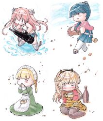 alcohol beans blonde_hair blue_hair blush bottle broom closed_eyes club_(weapon) dress eating green_dress highres holding holding_broom horns houshou_(kancolle) japanese_clothes johnston_(kancolle) kantai_collection long_hair long_sleeves maid_headdress masu multiple_girls musical_note official_alternate_costume oni_horns pantyhose poipoi_purin ponytail ranger_(kancolle) setsubun shin&#039;you_(kancolle) simple_background sitting smile two_side_up very_long_hair water weapon white_pantyhose