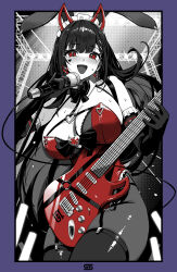 1girl absurdres akuma_nihmune animal_ears bare_shoulders black_hair bow bowtie breasts cleavage clickdraws commentary detached_collar elbow_gloves electric_guitar english_commentary fake_animal_ears fake_horns gamer_supps garter_straps gloves guitar headdress heart highres holding holding_microphone horns indie_virtual_youtuber instrument large_breasts leotard limited_palette long_hair looking_at_viewer microphone mole mole_under_eye open_mouth pantyhose playboy_bunny rabbit_ears red_eyes red_leotard smile solo sweat thighhighs very_long_hair virtual_youtuber