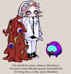 Rule 34 | 1boy, ambretta, aotsuki eito, black gloves, black shoes, blue eyes, blue flower, blush stickers, body horror, bridal veil, closed mouth, commentary, drawstring, english commentary, english text, flipped hair, flower, flower wreath, glasses, gloves, grey background, grey hair, head wreath, hood, hood down, hooded jacket, jacket, male focus, medium hair, own hands together, pants, parody, pink flower, pink rose, purple flower, red flower, red rose, rose, school invader (hundred line), shoes, smile, spoilers, sumino takumi, the hundred line -last defense academy-, veil, white jacket, white pants, yaoi, yellow flower, zipper pull tab