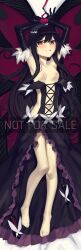 1girl absurdres accel_world arms_up bare_shoulders barefoot bdsm bed_sheet black_dress black_hair black_hairband black_shoes black_sleeves blush bondage bound bound_wrists breasts butterfly_ornament butterfly_wings cad_(caddo) center_opening clenched_teeth collarbone commentary commission cross-laced_clothes cross-laced_dress dakimakura_(medium) detached_sleeves dress elbow_gloves english_commentary frilled_dress frills full_body gloves hairband highres incredibly_absurdres insect_wings kuroyukihime long_dress long_hair long_sidelocks looking_at_viewer lying navel nipples not_for_sale on_back orange_eyes red_wings ribbon ribbon_bondage shoes sideless_outfit sidelocks small_breasts solo strapless teeth unworn_shoes wings