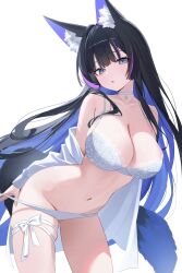 1girl :o absurdres animal_ear_fluff animal_ears black_hair blue_eyes blue_hair bra breasts choker cleavage collarbone colored_inner_hair commentary cowboy_shot highres large_breasts leg_ribbon long_hair looking_at_viewer multicolored_hair nannung navel original panties pink_hair ribbon shirt simple_background solo standing symbol-only_commentary thigh_ribbon thighs tsukinaka_chie underwear white_background white_bra white_choker white_panties white_ribbon white_shirt