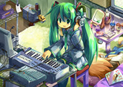 Rule 34 | 2girls, :d, analoguma, detached sleeves, green eyes, green hair, green nails, hatsune miku, headphones, instrument, japan commercial broadcasters association, kagamine rin, keyboard, keyboard (instrument), long hair, microphone, computer mouse, multiple girls, nail polish, necktie, open mouth, sakanaya nakasa, sitting, sleeping, smile, television, twintails, vocaloid