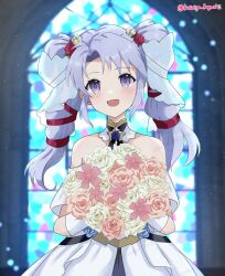 Rule 34 | 1girl, :d, bare shoulders, bouquet, bride, dress, fire emblem, fire emblem: genealogy of the holy war, fire emblem heroes, flower, gloves, hair flower, hair ornament, highres, holding, holding bouquet, kotoriya kuguri, long hair, looking at viewer, nintendo, official alternate costume, open mouth, purple eyes, purple hair, red flower, red rose, rose, smile, solo, stained glass, tine (determined bride) (fire emblem), tine (fire emblem), twintails, twitter username, wedding dress, white dress, white flower, white gloves, white rose