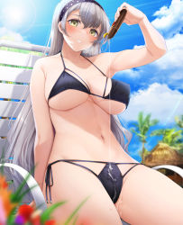 1girl beach beach_chair bikini blue_sky blush breasts cloud fed_(giba) flower from_below hairband highres hut large_breasts long_hair looking_at_viewer lotion lotion_bottle multi-strapped_bikini navel original paid_reward_available pouring pouring_onto_pussy pouring_onto_self shadow side-tie_bikini_bottom silver_hair sky solo sunlight sunscreen swimsuit tree underboob wet wet_clothes wet_swimsuit yellow_eyes