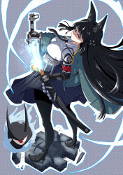 1girl animal_ear_fluff animal_ears aqua_jacket black_hair black_necktie black_pantyhose black_skirt blunt_bangs breasts collared_shirt eyeball fox_ears fox_girl full_body high-waist_skirt highres holding holding_sword holding_weapon hoshimi_miyabi jacket katana long_hair looking_at_viewer medium_breasts necktie open_clothes open_jacket pantyhose pleated_skirt red_eyes shirt skirt sword tailless_(zenless_zone_zero) user_umdy5357 weapon white_shirt zenless_zone_zero