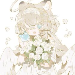Rule 34 | 1girl, angel wings, animal ear fluff, animal ears, bare shoulders, blue eyes, bouquet, dress, feathered wings, flower, hair between eyes, hair ornament, halo, holding, long hair, looking at viewer, memuro, one eye closed, original, petals, rose, solo, twitter username, white dress, white flower, white rose, wings