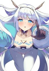 Rule 34 | 1girl, aqua jacket, black gloves, blue eyes, bodysuit, breasts, cleavage, eudie (shadowverse), gloves, hairband, highres, jacket, koshian (taiyaki), long hair, long sleeves, looking at viewer, open clothes, open jacket, open mouth, pointing, shadowverse, shadowverse: worlds beyond, simple background, small breasts, solo, very long hair, white background, white bodysuit, white hair