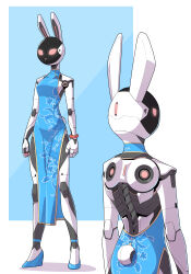 absurdres animal_ears animal_hands bare_shoulders bead_bracelet beads blue_background blue_dress blue_footwear bracelet breasts china_dress chinese_clothes clothing_cutout dot-matrix dress from_behind full_body highres humanoid_robot jewelry joints martinicandy multiple_views original pink_eyes rabbit_ears rabbit_girl rabbit_paws rabbit_tail robot robot_girl robot_joints shadow simple_background standing tail tail_through_clothes thighs two-tone_background white_background