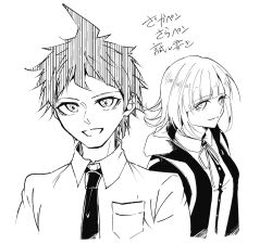 1boy 1girl ahoge aoi_rei_to breast_pocket closed_mouth collared_shirt danganronpa_(series) danganronpa_2:_goodbye_despair dress_shirt greyscale highres hinata_hajime jacket medium_hair monochrome nanami_chiaki neck_ribbon necktie open_clothes open_jacket pocket ribbon shirt short_hair smile translation_request two-tone_shirt upper_body