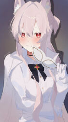 1girl absurdres akira_(blue_archive) animal_ear_fluff animal_ears artist_name black_bow black_bowtie black_choker blue_archive blurry_border blush bow bowtie cat_ears cat_girl choker commentary eye_mask gloves highres holding holding_mask jacket jacket_on_shoulders mask red_eyes shirt sukasusu_51te white_gloves white_hair white_jacket white_mask white_shirt