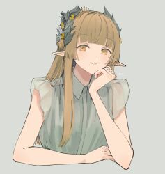 1girl arknights arm_rest bare_arms blunt_bangs blush breasts brown_eyes brown_hair closed_mouth collared_shirt commentary_request cropped_torso elbow_rest green_shirt grey_background hair_intakes head_rest highres laurel_crown long_hair long_pointy_ears looking_at_viewer mole mole_under_eye muelsyse_(arknights) nnicoinu plant_request pointy_ears raised_eyebrows see-through_clothes see-through_sleeves shirt short_sleeves sidelocks simple_background small_breasts smile solo split_mouth twitter_username