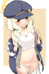 1girl aoba_(blue_archive) black_hat black_jacket blue_archive blush bow bow_camisole bow_panties brown_shirt camisole closed_mouth clothes_pull flying_sweatdrops halo hat jacket long_hair long_sleeves naik navel open_clothes open_jacket open_shirt panties red_eyes shirt skirt skirt_pull solo stomach underwear white_camisole white_panties yellow_halo