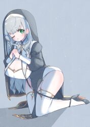 1girl ;o amari_(ama_shiiiiiiba) arched_back black_dress black_shoes black_veil blush braid breast_curtains breasts cleavage cleavage_cutout clothing_cutout commentary_request dress full_body garter_straps gold_trim green_eyes grey_background grey_hair guimpe highres hololive interlocked_fingers kneeling large_breasts leaning_forward long_dress long_sidelocks long_sleeves looking_at_viewer nun official_alternate_costume official_alternate_hairstyle one_eye_closed own_hands_clasped own_hands_together pelvic_curtain puffy_long_sleeves puffy_sleeves shadow shirogane_noel shirogane_noel_(battle_nun) shoes side_braid sidelocks simple_background single_braid solo straight_hair strappy_heels thighhighs veil virtual_youtuber white_garter_straps white_thighhighs