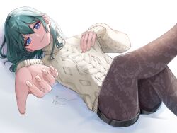 1girl black_shorts blue_eyes blue_hair blush breasts closed_mouth female_byleth_(fire_emblem) fire_emblem fire_emblem:_three_houses hair_between_eyes large_breasts long_hair long_sleeves looking_at_viewer lying medium_hair mugitoro_(dsfv2277) nintendo on_back pantyhose patterned_legwear print_pantyhose shorts simple_background smile solo sweater turtleneck turtleneck_sweater