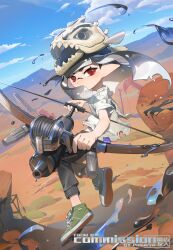 1girl artist_name black_hair black_pants bow_(weapon) commission covered_mouth desert full_body green_shoes hair_over_mouth highres holding holding_bow_(weapon) holding_weapon inkling inkling_girl inkling_player_character long_hair looking_at_viewer nintendo outdoors pabuk5w paint_splatter pants pointy_ears red_eyes shirt shoes solo splatoon_(series) splatoon_3 t-shirt tentacle_hair torn_clothes torn_shirt tri-stringer_(splatoon) watermark weapon white_shirt