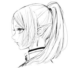 1girl black_shirt closed_mouth coat earrings elf eyelashes floating_earrings frieren from_side greyscale hair_over_shoulder inoitoh jewelry looking_to_the_side monochrome pointy_ears shirt sidelocks simple_background sousou_no_frieren thick_eyebrows twintails white_background white_coat