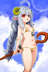 1girl ahoge animal_ears arms_behind_back bell bikini blush borrowed_character braid breasts character_request cloud gold_bikini goushu grey_hair groin highres horns loli long_hair lowleg lowleg_bikini micro_bikini navel open_mouth original outdoors ponytail red_eyes scrunchie sheep_ears sheep_girl sheep_horns side-tie_bikini_bottom sky small_breasts solo stomach swimsuit thighs wand wrist_scrunchie