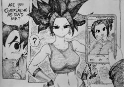 Rule 34 | 1boy, 1girl, ?, absurdres, bare shoulders, black hair, bracer, breasts, chi-chi (dragon ball), chronozbergh, commentary, confused, crop top, dragon ball, dragon ball: sparking!, earrings, english commentary, english text, greyscale, hair bun, hands on own hips, highres, holding, holding phone, jewelry, kefla (dragon ball), large breasts, midriff, monochrome, navel, necklace, open mouth, pearl necklace, phone, potara earrings, shirt, single hair bun, son goten, speech bubble, v-shaped eyebrows