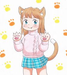 1girl animal_ears animal_hands blue_eyes blue_skirt blush brown_hair cat_ears cat_girl cat_paws cat_tail claws fang long_hair long_sleeves looking_at_viewer marup original paw_print paw_print_background pink_sweater plaid_clothes plaid_skirt pubby-chan_(marup) skirt smile standing sweater tail traditional_media white_background