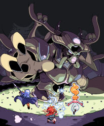 1other 2boys 2girls black_background blonde_hair blue_cape blue_hair blunt_ends bonechewer boss_fight cape casting_spell chrono_trigger claws commentary crono_(chrono_trigger) english_commentary highres holding holding_sword holding_weapon lavos_(chrono_trigger) long_hair magus_(chrono_trigger) marle_(chrono_trigger) monster multiple_boys multiple_girls red_hair standing sword weapon