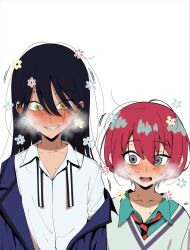 2girls amate_yuzuriha aroused black_hair blue_eyes blue_shirt blush collarbone collared_shirt commentary_request drooling f.w.zholic flower_symbol full-face_blush grin gundam gundam_gquuuuuux hair_between_eyes highres jacket long_hair lower_teeth_only messy_hair multiple_girls necktie nyaan_(gundam_gquuuuuux) off_shoulder open_clothes open_jacket open_mouth red_hair saliva school_uniform shirt short_hair simple_background smile steam steaming_body striped_necktie sweat sweater teeth upper_body white_background white_shirt white_sweater yellow_eyes