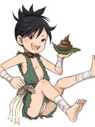 1girl barefoot black_hair blush dororo_(character) dororo_(tezuka) e10 feet flat_chest loli poop short_hair soles thighs toes tomboy