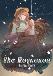 1girl absurdres blue_eyes book brown_corset brown_hair brown_skirt commentary_request corset dated diaz33 fors_wall green_necktie happy_birthday hat highres holding holding_book lips lord_of_the_mysteries necktie pink_scarf scarf shirt skirt sky smile solo star_(sky) starry_sky yellow_shirt