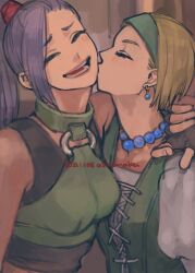 2021 2girls arm_around_shoulder bead_necklace beads black_tank_top blonde_hair breasts brown_gloves closed_eyes commentary_request couple dated dragon_quest dragon_quest_xi dress earrings fingerless_gloves gloves green_dress green_hairband hairband high_ponytail hotaru1012 jewelry juliet_sleeves kiss kissing_cheek long_sleeves martina_(dq11) medium_breasts multiple_girls necklace o-ring o-ring_top official_alternate_hairstyle open_mouth ponytail profile puffy_sleeves purple_hair senya_(dq11) short_hair small_breasts smile sphere_earrings tank_top yuri
