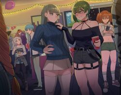3boys 6+girls alternate_costume bare_legs bare_shoulders black_boots black_choker black_nails black_pantyhose black_shirt blue_eyes blue_hair blue_shorts blue_sweater boots brown_hair cake cellphone character_request choker clothing_cutout crop_top cropped_hoodie cup drawstring drunk fern_(sousou_no_frieren) food fork frieren green_eyes green_hair green_shorts grey_hair grey_shirt grey_skirt grin halterneck highres himmel_(sousou_no_frieren) holding holding_cup holding_fork holding_phone holding_plate hood hoodie jacket jourd4n kanne_(sousou_no_frieren) lawine_(sousou_no_frieren) long_hair long_sleeves midriff miniskirt multiple_boys multiple_girls nail_polish navel off-shoulder_shirt off_shoulder pantyhose pantyhose_under_shorts phone plate purple_hair red_hair ribbed_sweater shirt shoes short_shorts shorts shoulder_cutout side_ponytail skirt smartphone smile sneakers socks sousou_no_frieren standing stark_(sousou_no_frieren) stomach sweater thigh_strap thighhighs turtleneck turtleneck_sweater twintails ubel_(sousou_no_frieren) very_long_hair white_jacket white_socks white_sweater white_thighhighs
