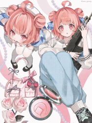 1girl absurdres ahoge asa_going blue_pants blue_ribbon commentary cosmetics double_bun flower gun hair_bun hair_ribbon hat highres holding holding_gun holding_weapon hood hoodie looking_at_viewer multiple_views open_mouth pants pink_bag pink_eyes pink_flower pink_hair ribbon shoes twitter_username virtual_youtuber vspo! weapon white_hat yumeno_akari