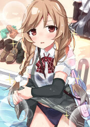 1girl beritabo black_panties blush bow bowtie bra_visible_through_clothes braid breasts brown_hair cloud_hair_ornament grey_skirt highres kantai_collection kasumi_(kancolle) long_hair low_twin_braids minegumo_(kancolle) open_mouth panties plaid_clothes pleated_skirt pool red_bow red_bowtie red_eyes see-through_clothes shirt skirt solo suspenders twin_braids underwear water_gun wet wet_clothes wet_shirt white_shirt