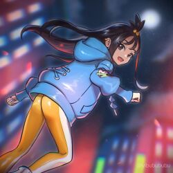 1girl :d ass black_eyes black_hair blue_hoodie blurry blurry_background commentary_request eyelashes floating_hair from_below happy highres hood hood_down hoodie leggings lida_(pokemon) long_hair long_sleeves night nintendo open_mouth outdoors pokemon pokemon_legends:_z-a ribbed_socks smile socks solo twitter_username watermark wedgie yibuzhai