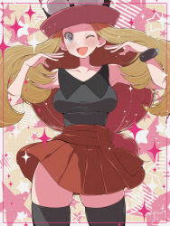 1girl black_shirt black_thighhighs blonde_hair blush breasts collarbone eyewear_on_headwear fujiwara_hiro_(kaede_ciao) grey_eyes hat long_hair looking_at_viewer medium_breasts mega_ring miniskirt nintendo one_eye_closed open_mouth pokemon pokemon_xy red_hat red_skirt serena_(pokemon) shirt skindentation skirt sleeveless sleeveless_shirt smile solo sparkle standing star_(symbol) star_symbol_background sunglasses sunglasses_on_hat thighhighs wind wind_lift wink yellow_background