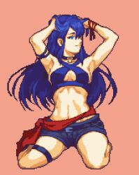 1girl alternate_costume armlet arms_up bikini blue_bikini blue_eyes blue_hair bracelet breasts choker cleavage criss-cross_halter criss-cross_straps fire_emblem fire_emblem_awakening glaceo halterneck hands_in_hair jewelry kneeling light_smile long_hair looking_to_the_side lucina_(fire_emblem) navel nintendo pixel_art short_shorts shorts sideboob simple_background small_breasts solo stomach swimsuit thighlet very_long_hair