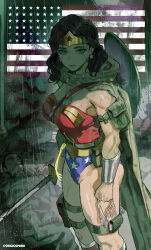 1girl absurdres black_hair blue_eyes breasts commentary dc_comics dog_tags highres holding holding_dog_tags holding_sword holding_weapon korean_commentary lasso lasso_of_truth leotard long_hair park_ongjol shield shield_on_back star_(symbol) superhero_costume sword weapon wonder_woman wonder_woman_(series)