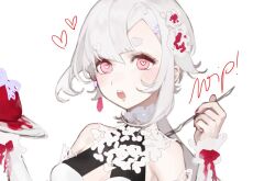 1girl :o breasts cleavage cleavage_cutout clothing_cutout dessert earrings facial_mark flower_hairpin food halterneck heart heart-shaped_pupils heart_facial_mark holding holding_plate holding_spoon jewelry lace_collar looking_at_viewer medium_hair open_mouth original pink_eyes plate saliva simple_background single_earring solo spoon symbol-shaped_pupils unfinished upper_body white_background white_hair wrist_cuffs yoimon