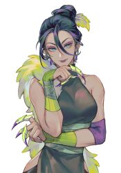 1girl aqua_eyes arm_under_breasts bare_shoulders black_hair breasts chinese_commentary claw_ring closed_mouth commentary_request cowboy_shot dress earrings elbow_pads elbow_rest eyeshadow facing_viewer green_arm_warmers green_dress hair_between_eyes hair_bun hair_ornament hand_up highres jewelry leaf_hair_ornament long_hair_between_eyes looking_to_the_side makeup medium_breasts muoi40826967 personification pink_eyeshadow plants_vs._zombies plants_vs._zombies_2 pokra_(plants_vs_zombies) purple_lips short_hair side_slit simple_background single_hair_bun sleeveless sleeveless_dress sleeveless_turtleneck smile solo standing turtleneck turtleneck_dress white_background