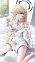 1girl alternate_costume bed_sheet blonde_hair blue_archive blue_eyes blue_halo bra breasts cleavage closed_mouth collared_shirt commentary_request day dress_shirt erbium grey_bra halo hand_up highres indoors long_hair looking_at_viewer medium_breasts one_eye_closed partially_unbuttoned shirt sitting solo sports_bra toki_(blue_archive) tsurime underwear very_long_hair white_shirt