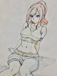 1girl bare_arms belt belt_buckle breasts buckle closed_mouth denim en&#039;en_no_shouboutai facing_viewer female_focus high_ponytail highres jeans large_breasts lisa_isaribi long_hair looking_at_viewer matching_hair/eyes midriff navel pants ponytail red_eyes red_hair sitting solo sports_bra varon