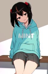 1girl bench brown_background brown_eyes brown_hair english_text green_hoodie highres hood hoodie looking_at_viewer medium_hair multicolored_hair nanju_bami original thighs twintails two-tone_background two-tone_hair white_background wooden_bench