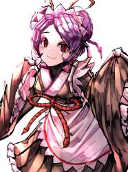 Rule 34 | 1girl, absurdres, antennae, apron, arthropod girl, black kimono, bow, closed mouth, commentary request, double bun, entoma vasilissa zeta, fangs, hair bun, highres, japanese clothes, kimono, looking at viewer, maid, maid apron, maid headdress, majinno, monster girl, overlord (maruyama), purple hair, red bow, red eyes, simple background, smile, solo, white apron, white background, white headdress