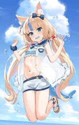 1girl animal_ears bare_arms bare_legs bikini blue_eyes blue_sky breasts cloud commentary day dot_nose full_body highres indie_virtual_youtuber long_hair low_twintails multicolored_hair navel outdoors sameko_saba short_shorts shorts skai_kun sky small_breasts solo stomach streaked_hair swimsuit symbol-only_commentary twintails very_long_hair