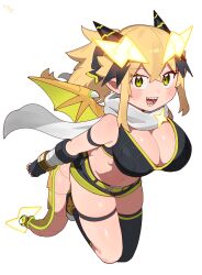 1girl blonde_hair breasts cleavage crossed_bangs dragon_girl dragon_horns dragon_tail dragon_wings fingerless_gloves gloves hair_ornament highres horns itoriyo large_breasts lightning_bolt lightning_bolt_hair_ornament lightning_bolt_symbol raisei_no_ryu_tsukai ribbed_tank_top san-chan sharp_teeth short_shorts shorts simple_background sports_bra tail taped_arms teeth white_background wings