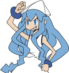 1girl arm_up blue_eyes blue_hair bracelet dowman_sayman dress grin hat ikamusume jewelry raised_fist shinryaku!_ikamusume smile solo tentacle_hair third-party_edit transparent_background wrist_cuffs