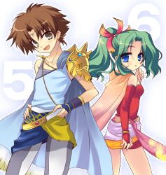 1boy 1girl :o armor back-to-back bartz_klauser blue_cape blue_eyes blue_tank_top bracelet bridal_gauntlets brown_eyes brown_hair cape commentary_request detached_sleeves dissidia_final_fantasy final_fantasy final_fantasy_v final_fantasy_vi forehead_jewel gold_belt gold_bracelet green_hair grey_leggings hair_ribbon hands_on_own_hips happy izumi_makoto jewelry leggings long_hair looking_back looking_to_the_side open_mouth orange_cape parted_lips pauldrons pink_ribbon ponytail red_shirt red_shorts ribbon shirt short_hair shorts shoulder_armor sidelocks single_pauldron smile tank_top tina_branford upper_body