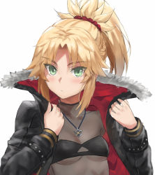1girl bad_id bad_twitter_id blonde_hair blush braid breasts fate/apocrypha fate_(series) female_focus green_eyes hair_ornament hair_scrunchie half_up_braid long_hair long_sleeves looking_at_viewer mordred_(fate) mordred_(fate/apocrypha) parted_bangs ponytail scrunchie sidelocks small_breasts solo tonee upper_body