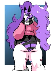 1girl absurdres ass black_horns blouse blue_eyes charge_sol demon_horns from_behind highres horns huge_ass multicolored_panties multicolored_scarf open_mouth original panties purple_hair scarf shirt therealpumpkinlord thighs twintails underwear